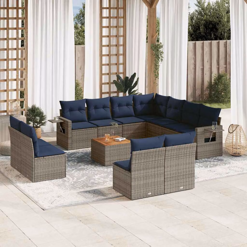 Set Divani da Giardino vidaXL 12 Pezzi in Polyrattan Grigio con Cuscini e Tavolino da Esterno