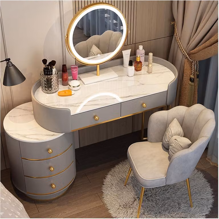 Set da trucco in legno massello con piano in granito e specchio, 5 cassetti, colore grigio, 100 cm