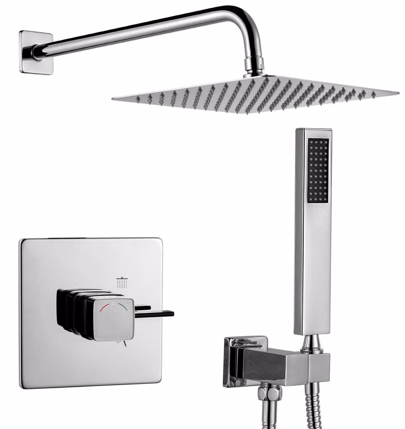 Sistema doccia con termostato a 40°C, installazione a muro, set completo in ottone, ugelli anticalcare, comfort doccia 2-in-1