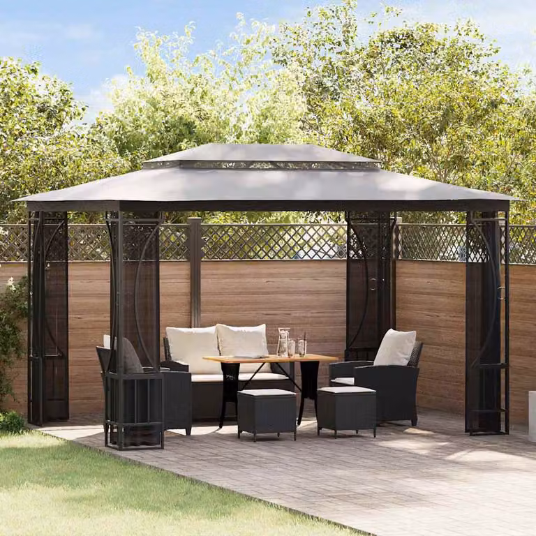 Gazebo vidaXL con rete e finestre in poliestere e acciaio, colore antracite, L/P/H: 300 x 400 x 265 cm
