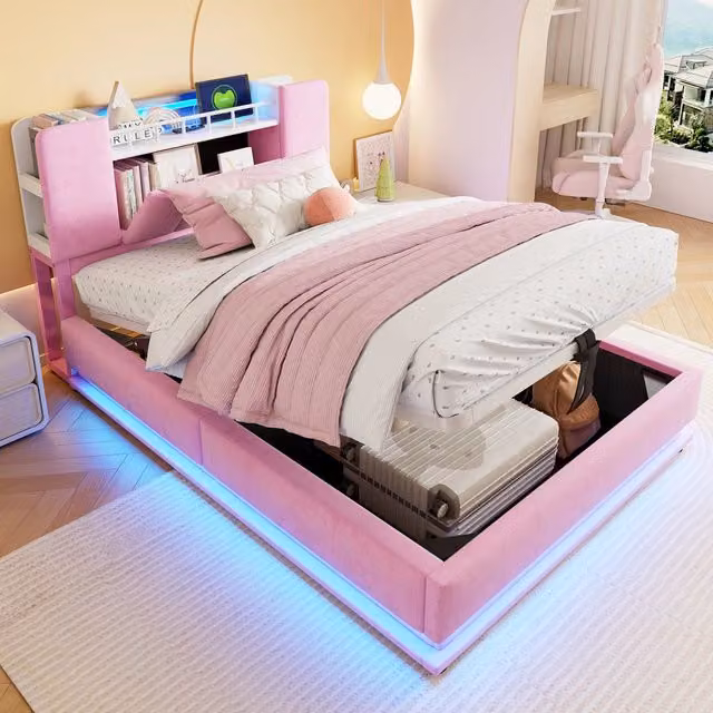 Letto imbottito rosa 90x200 cm; contenitore idraulico; LED e USB; in velluto per cameretta