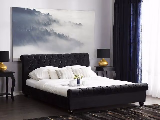 Letto Glam Beliani in velluto nero con gambe in legno di pioppo L/P/H: 180 x 200 x 94 cm – 1
