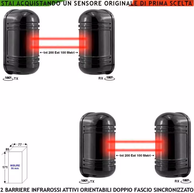 Sbarramento Infrarossi Attivi Securvera Doppio Fascio Nero con Protezione Lineare e Portata 200 MT Esterno e 100 MT Interno Alimentazione 12 V via Filo – 1