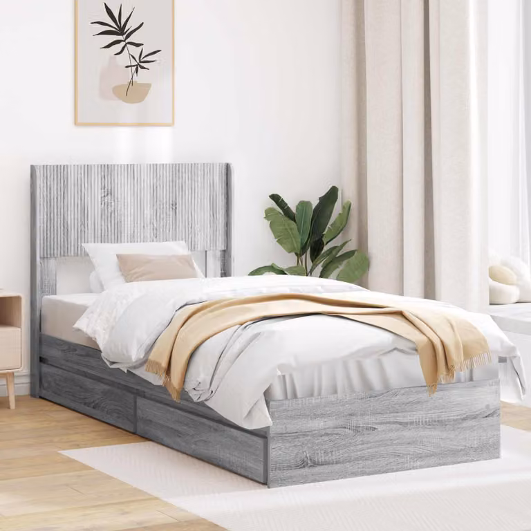 Struttura letto con stoccaggio e testata vidaXL in legno ingegnerizzato grigio L: 140 cm, P: 100 cm, H: 203 cm