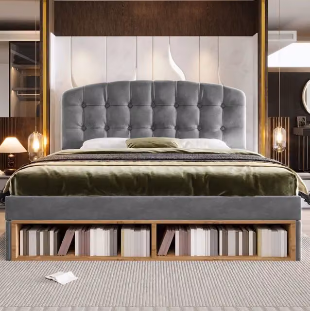 Letto imbottito 140x200 cm con contenitore, cassetti e testiera regolabile in velluto grigio