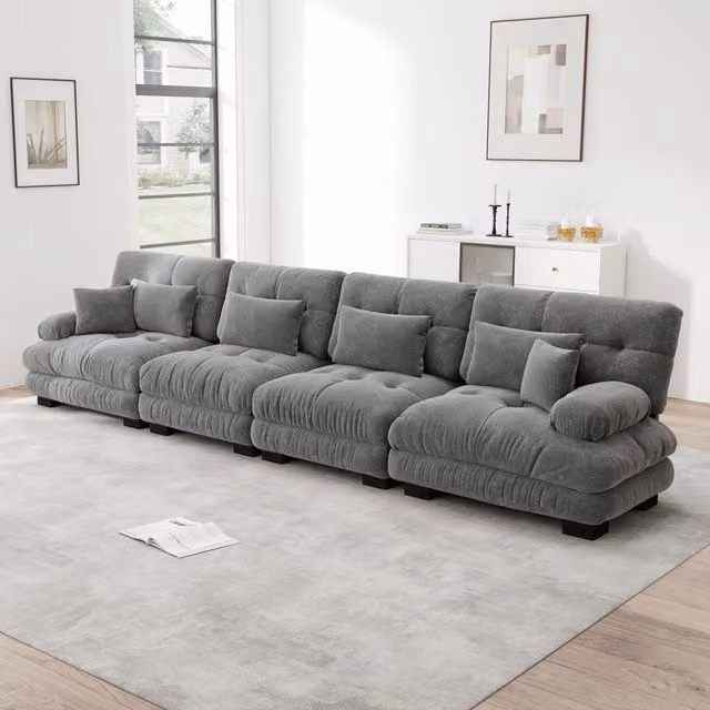 Divano angolare modulare OKWISH a 4 posti in tessuto grigio con seduta profonda e cuscini inclusi per soggiorno o ufficio
