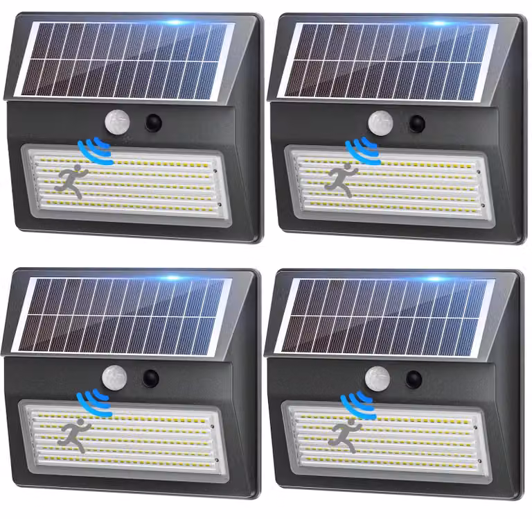 Lampada solare da esterno con sensore di movimento, 130 LED, 3 modalità, grado di protezione IP65, confezione da 4