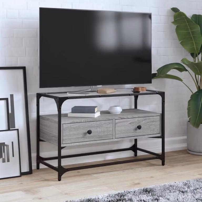 Mobile TV Stand vidaXL in stile industriale con piano in vetro e legno, Grigio Sonoma, L 80 cm x P 35 cm x H 51 cm