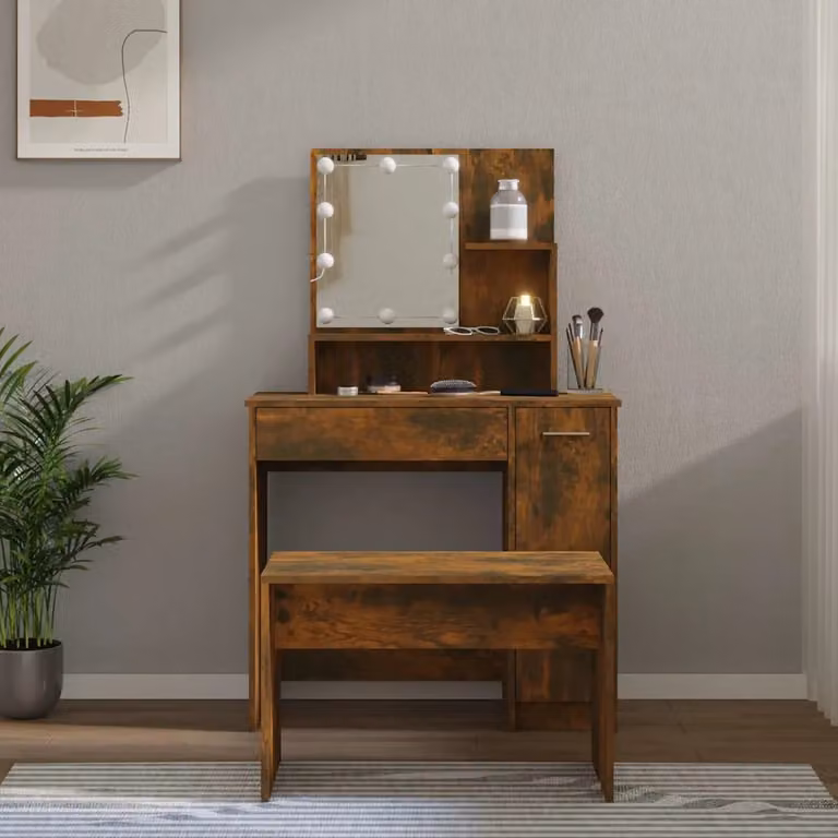 Set Tavolo da Toeletta con LED vidaXL in Legno Rovere Fumo, L: 136 cm, P: 35 cm, H: 86,5 cm
