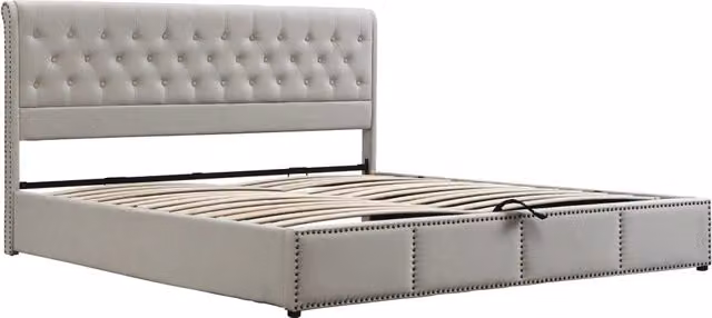 Letto imbottito 180x200 cm in cotone e lino con contenitore e leva idraulica, grigio chiaro, senza materasso
