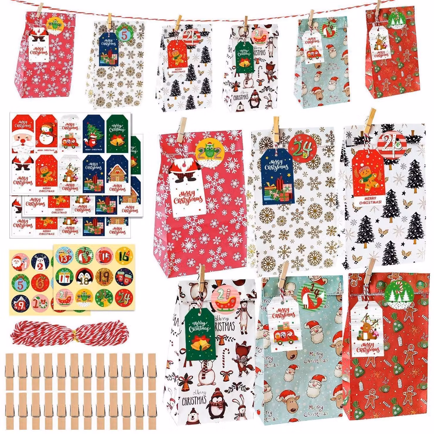 Calendario dell'Avvento da riempire per il 2026, composto da 24 sacchetti di carta resistente con adesivi e mollette di legno, decorazioni a tema natalizio: albero di Natale, fiocchi di neve, Babbo Natale, nei colori verde, bianco e rosso