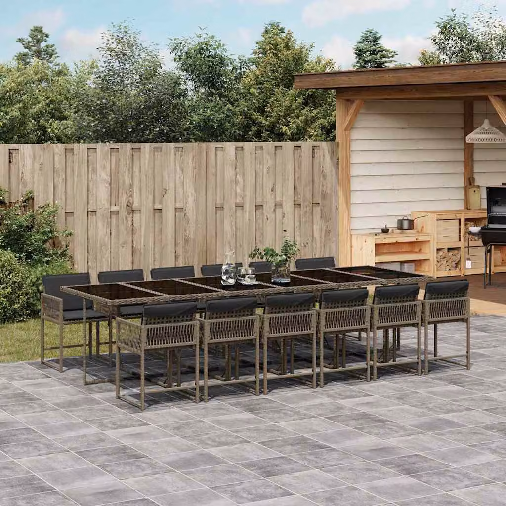Set da Pranzo da Giardino vidaXL in Polyrattan con Cuscini e Tavolo in Vetro, 13 Pezzi, Grigio e Nero – 1