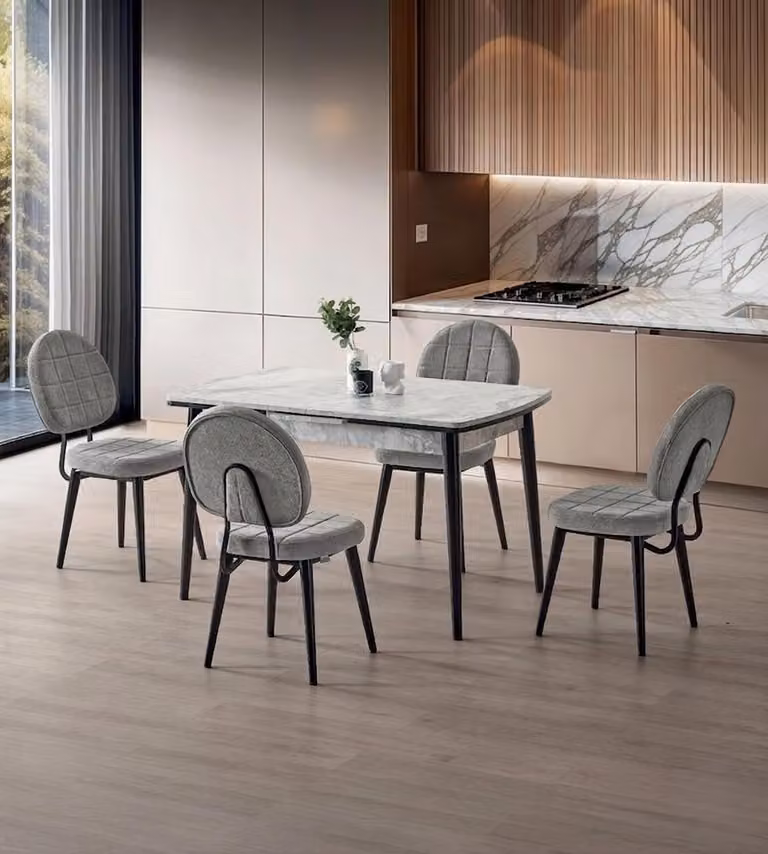 Set da pranzo: tavolo da pranzo con 4 sedie, grigio, comodo, effetto marmo, moderno