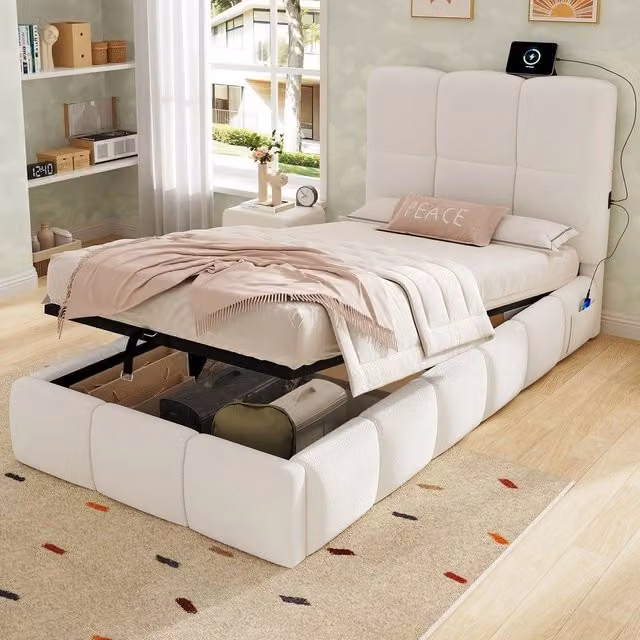 Letto imbottito singolo contenitore ¨C Minimal ¨C beige boucl¨¦ 90x200cm rete a doghe testiera idraulico con USB