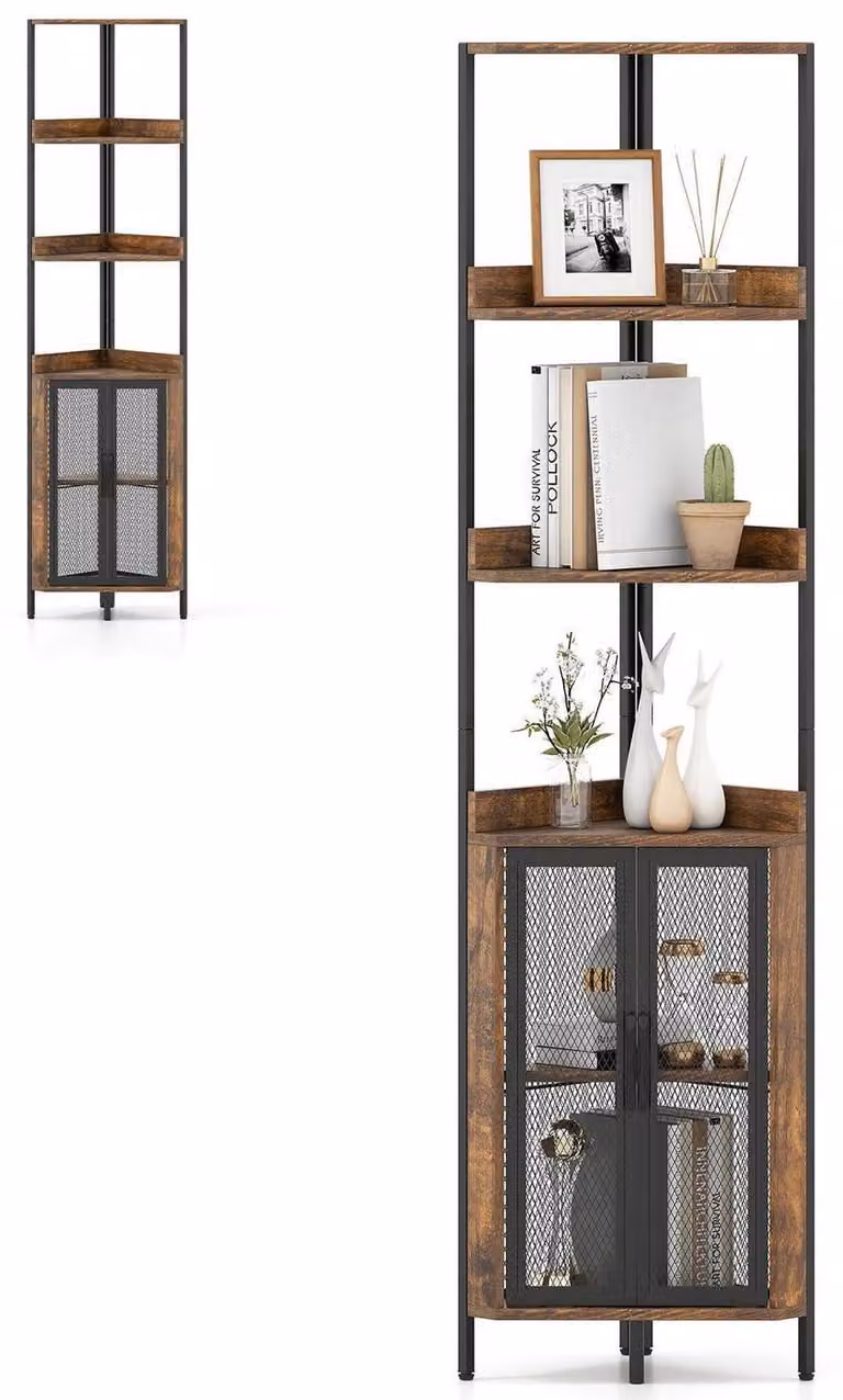 Scaffale angolare con vano chiuso, 4 ripiani, stile industriale, colore marrone e nero, dimensioni 32x32x170 cm