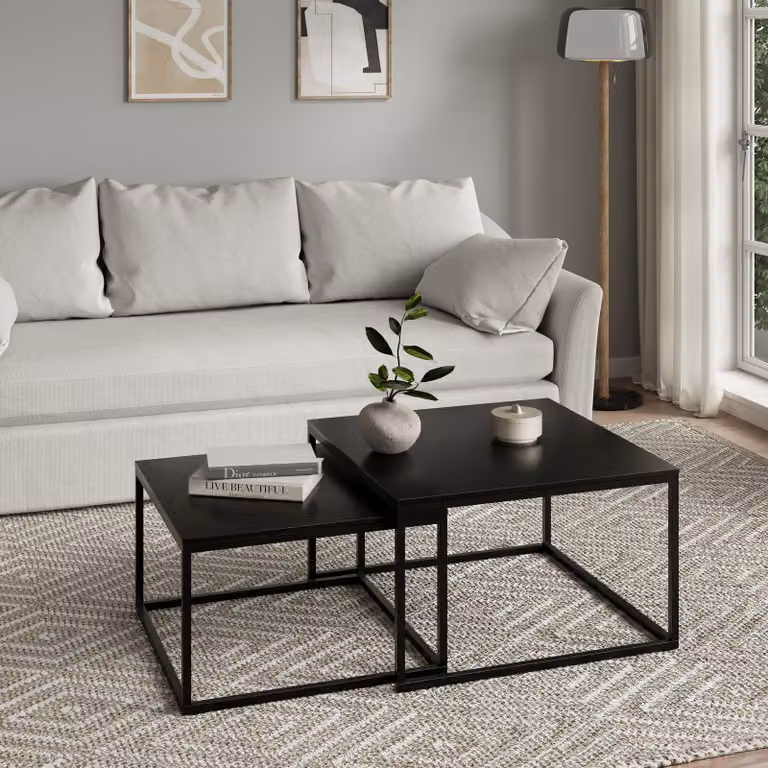Set di 2 tavolini quadrati neri in legno, tavolino da salotto, set di tavolini 2 in 1 con struttura in metallo per soggiorno, ufficio, loft, design TWIN