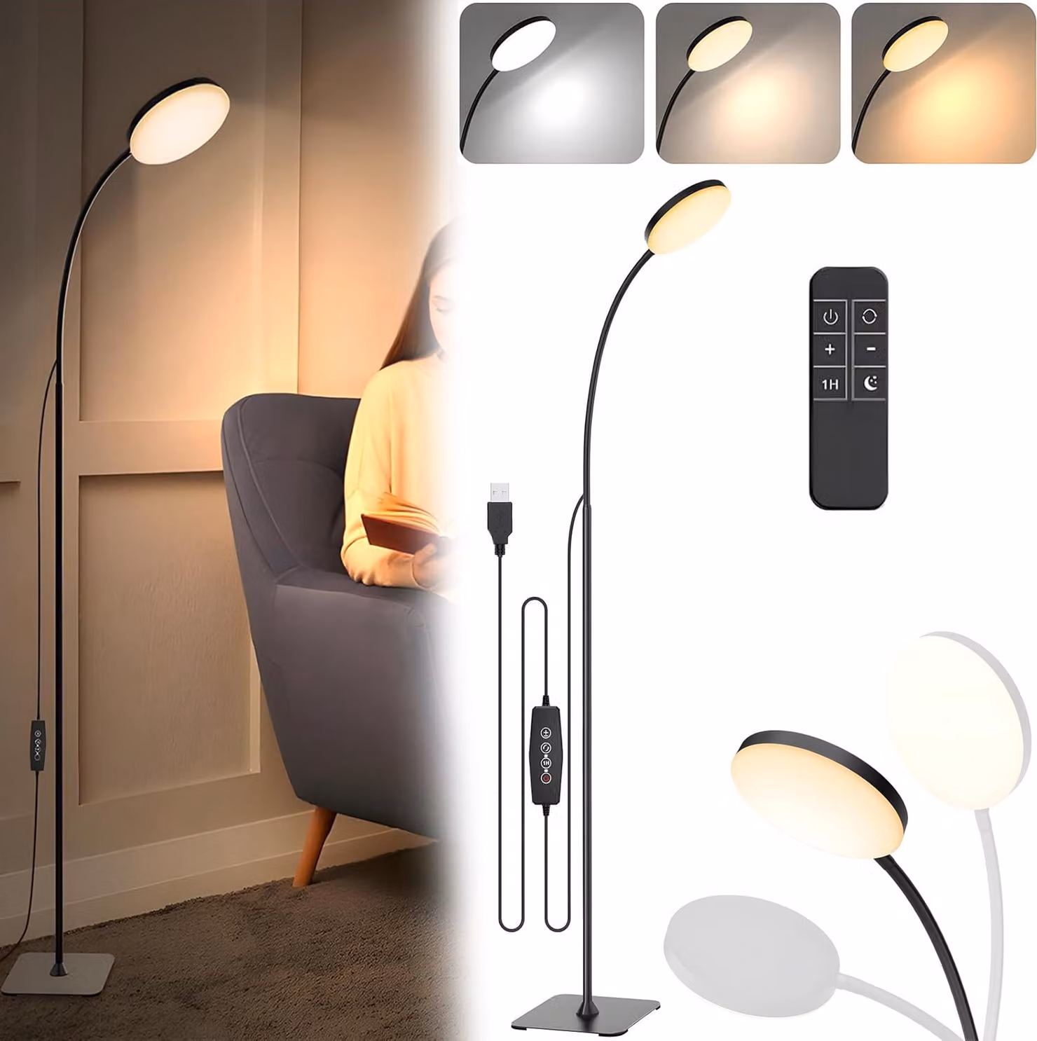 Lampada da terra a LED con ricarica USB, lampada da terra con testa rotonda da 10 W, lampada da tavolo dimmerabile, lampada da lettura con collo d'oca regolabile in altezza fino a 140 cm e orientabile a 360°, con telecomando e timer, nera