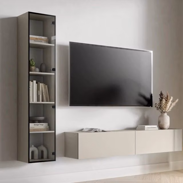 Vetrina Espositore DMORA con Ante in Vetro e 3 Ripiani Interni, Beige, L: 32 cm, P: 32 cm, H: 168 cm