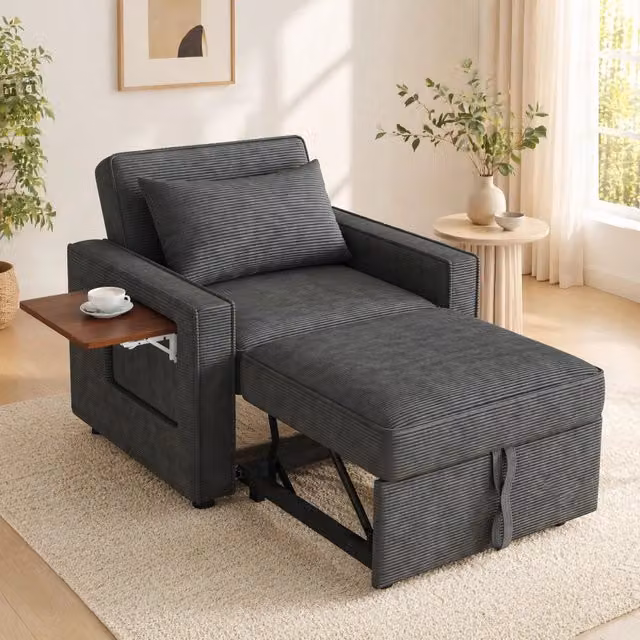 Divano letto monoposto reclinabile 177x70 cm in tessuto a coste grigio