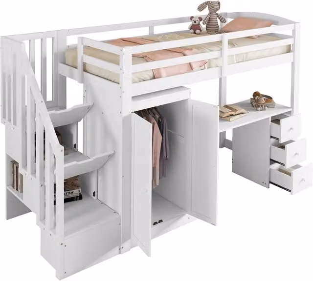 Letto a soppalco REDOM in legno di pino e MDF bianco con scrivania, armadio e scala con gradini, dimensioni 90 x 200 cm