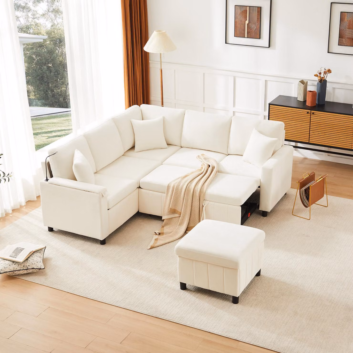 Divano angolare a 4 posti Merax con funzione letto, divano letto, poggiapiedi, lampada da lettura, USB e Type-C, tavolino con portabevande, divano in ciniglia, beige