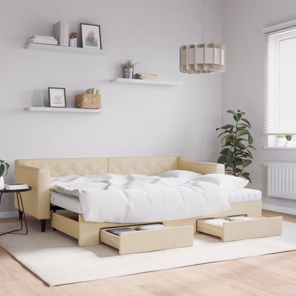 vidaXL Divano Letto Estraibile con Cassetti in Tessuto Beige L: 200 cm, P: 80 cm, H: 67 cm