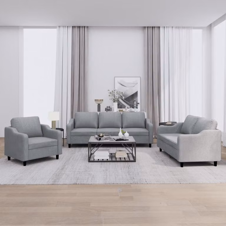 Set di divani 3 pezzi vidaXL in tessuto grigio con cuscini per soggiorno moderno