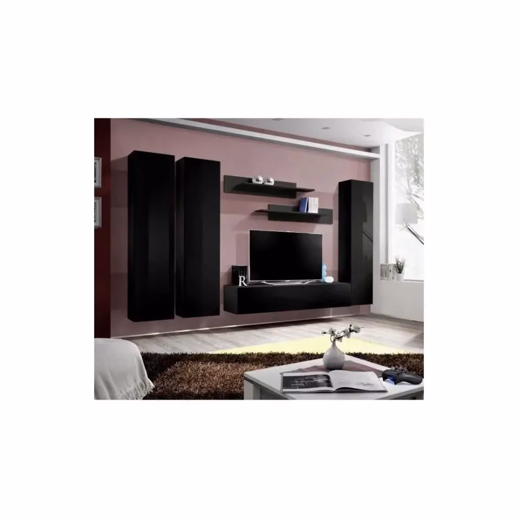 Composizione murale FLY Meublorama mobile TV sospeso nero lucido L: 310 cm, H: 190 cm, P: 40 cm – 2