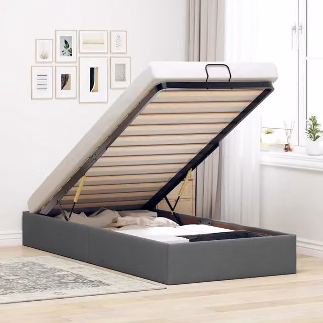 Struttura Letto con Contenitore a Alzata vidaXL in Tessuto Grigio, L: 90 cm, P: 200 cm, H: 140 cm
