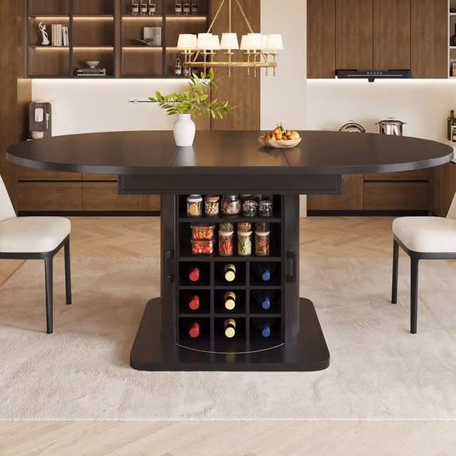 Tavolo da pranzo allungabile con spazio contenitore, piano MDF nero, multiuso per piccoli spazi e cucina