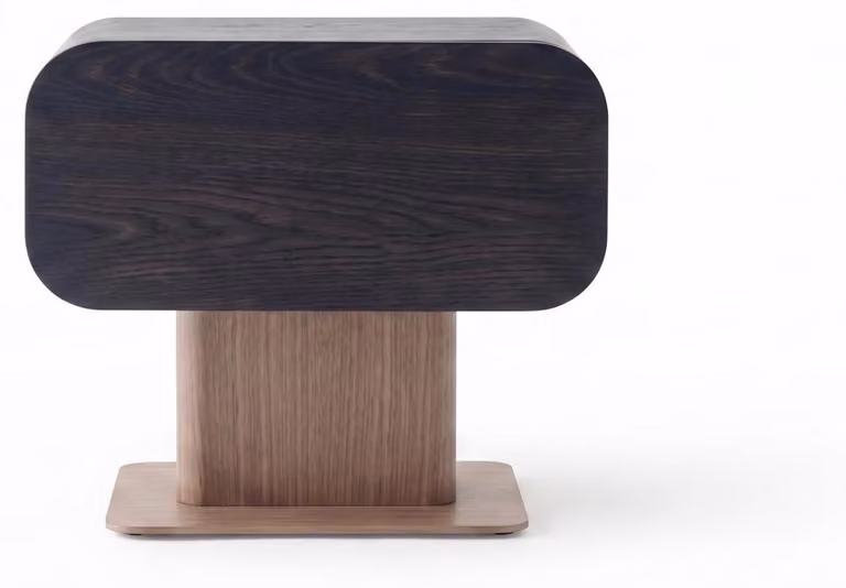 Tavolino da notte moderno, color marrone scuro, in legno, dal design elegante. Comodino