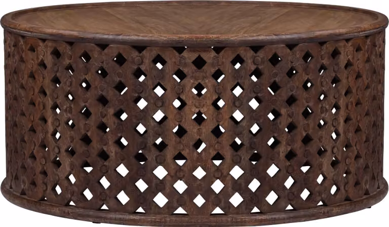 WOMO-DESIGN tavolino Doha Ø 100x45 cm rotondo, marrone, unico, fatto a mano in legno massiccio di mango, look moderno in legno, design vintage, tavolino da divano