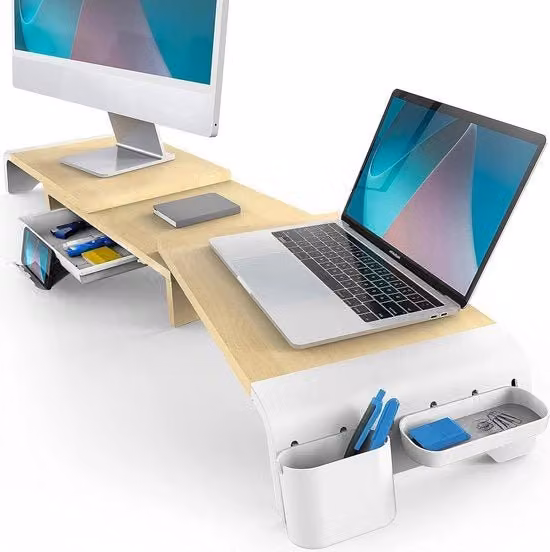 Organizer di scrivania con supporto monitor adattabile a 3 pannelli, cassetta a slitta rimovibile e supporto per tablet o telefono, colore Rovere o Nero o Marrone, L: 107 cm