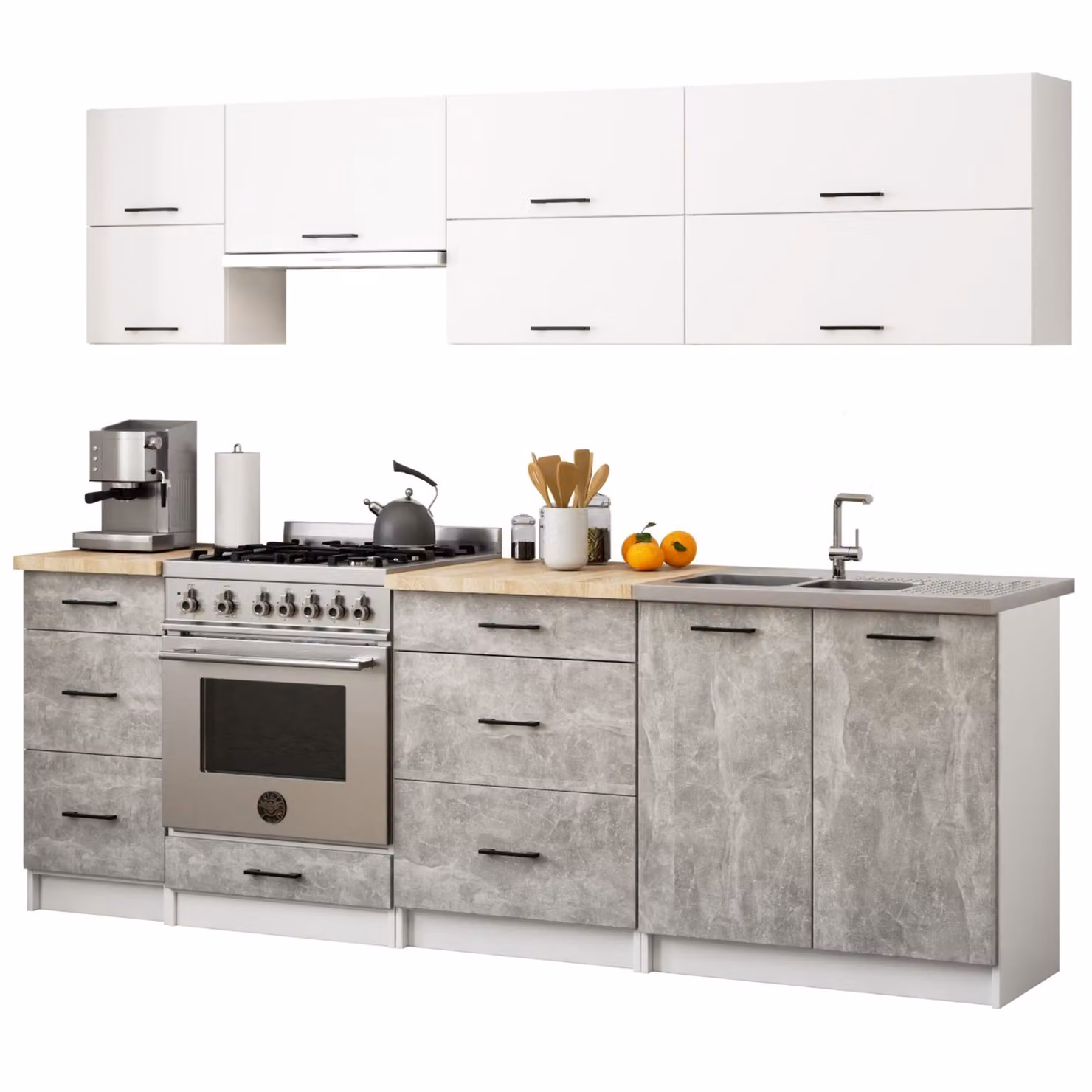 Set da cucina: sei cassetti, dieci ante, nove ripiani, colore: bianco cemento