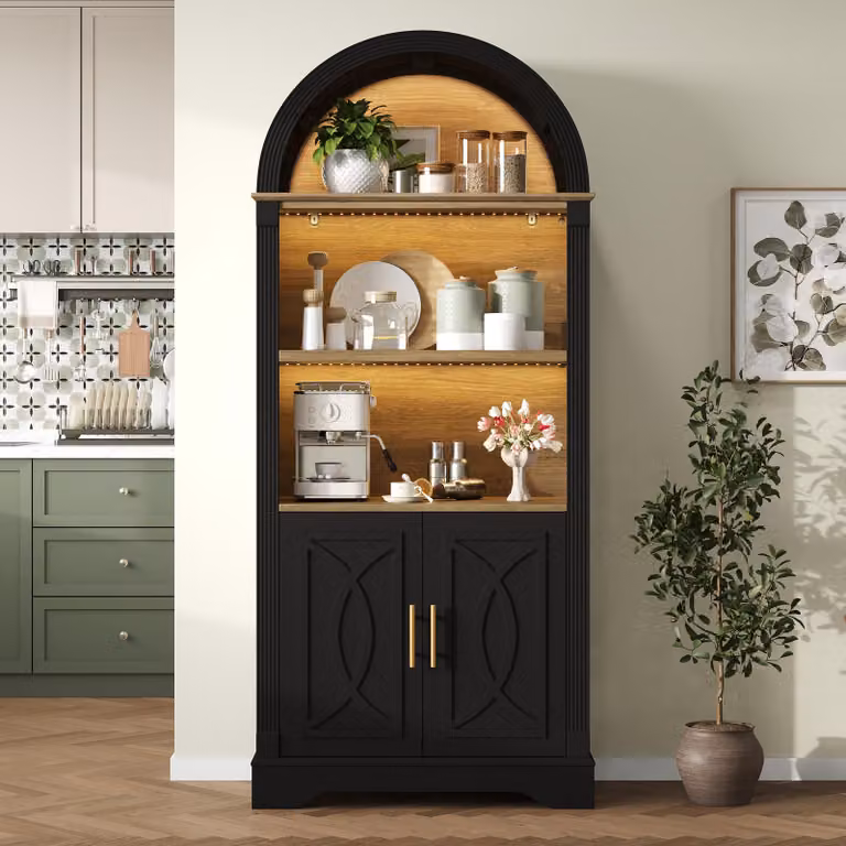 Armadio da cucina Flieks con ripiani regolabili e illuminazione a LED, mobile contenitore alto con ampio spazio di stoccaggio, mobili alti per sala da pranzo e soggiorno, colore nero