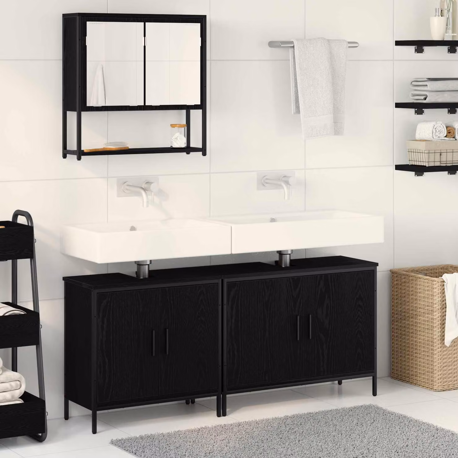 Set di mobili per il bagno moderno vidaXL in 3 pezzi nero opaco con mobile lavabo e armadietto specchio L/P/H: 80 x 30 x 60 cm