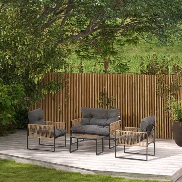 Salotto da giardino 4 pezzi in polyrattan con cuscini; tavolino in vetro; grigio scuro
