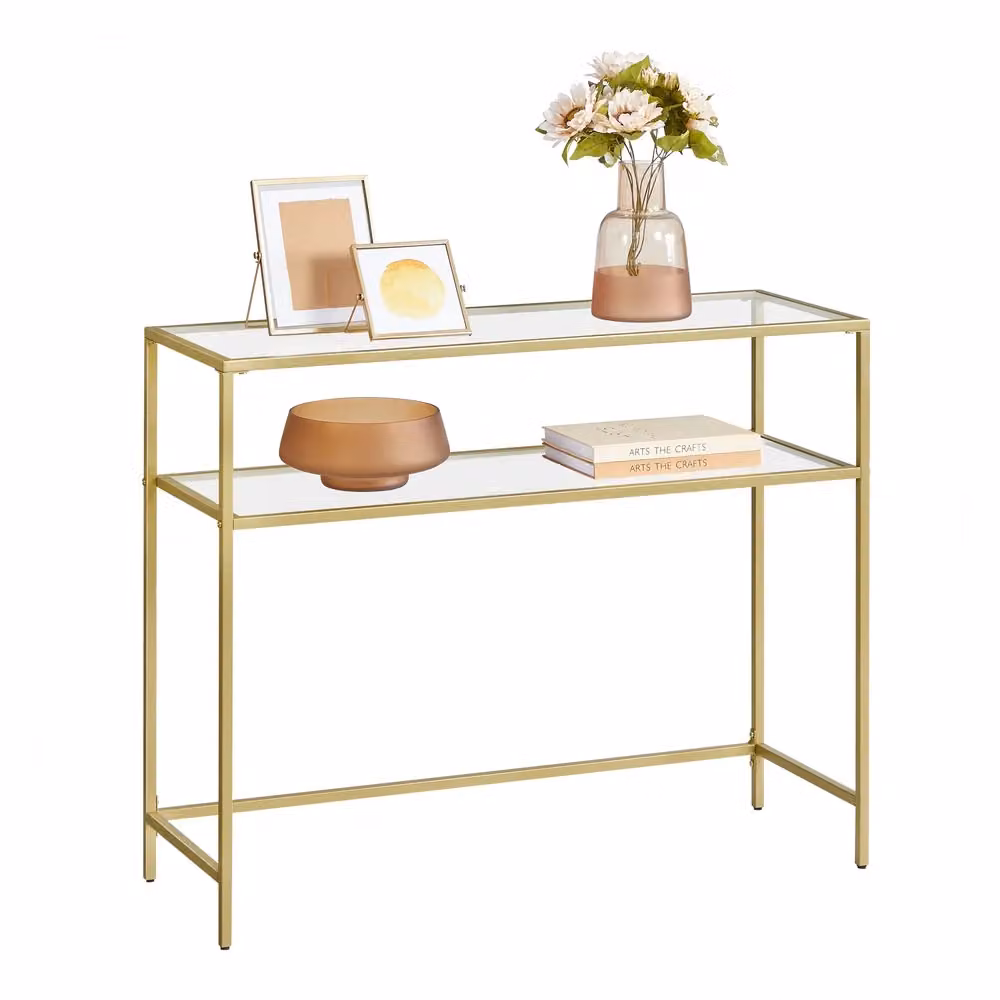 Tavolo Consolle in Vetro, Dorato + Trasparente / 35 x 100 x 80 cm