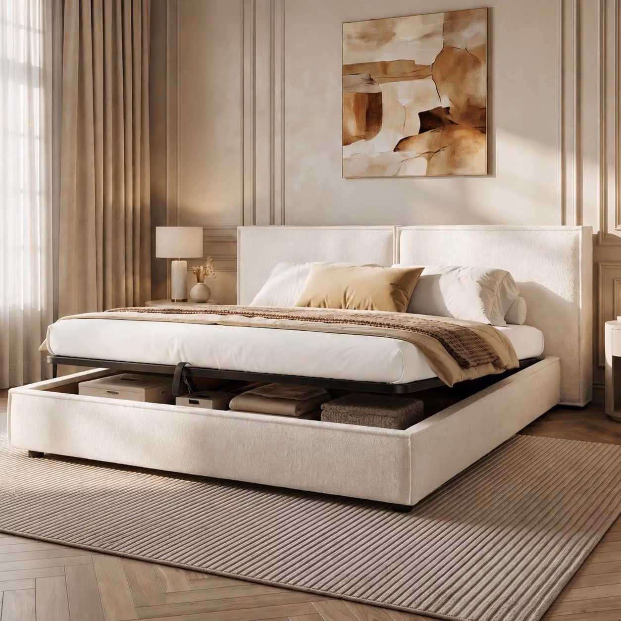 Letto imbottito okwish 180x200 con materasso e contenitore, letto per giovani con testiera imbottita e spazio contenitivo, tessuto bouclé, letto matrimoniale bianco