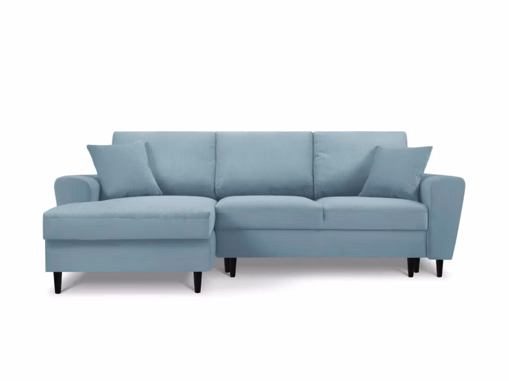 Divano convertibile angolare sinistro con contenitore Kyoto di Cosmopolitan Design, 4 posti in velluto a coste azzurro, L: 241 cm, P: 145 cm, H: 88 cm – 2