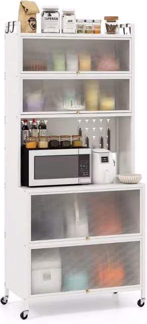 Armadio cucina 6 livelli buffet credenza, Porte ribalta supporto microonde pannello forato ganci Bianco
