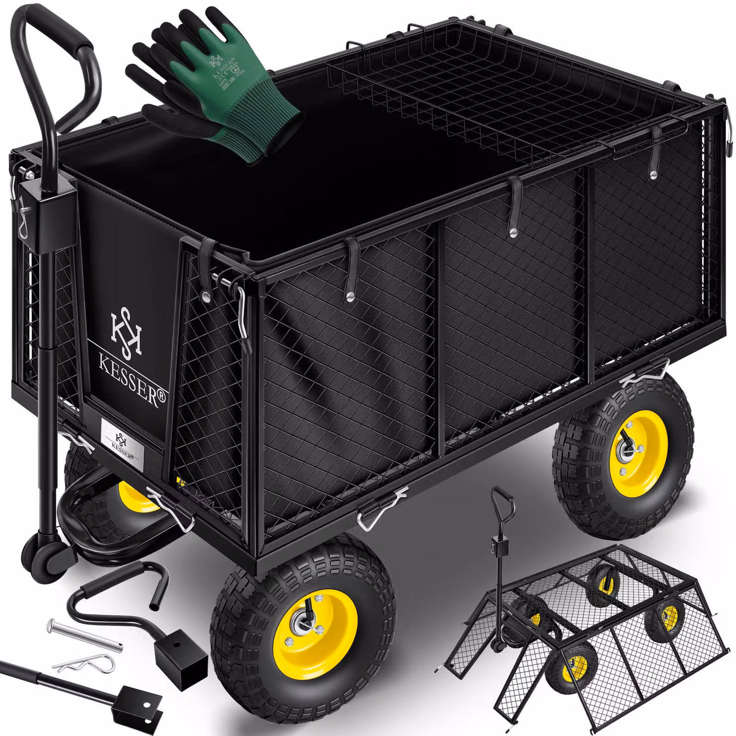 Carrello da giardino KESSER® con portata di 550 kg, carrello da trasporto, carrello da giardino con telone rimovibile, carrello porta-attrezzi, carrello a mano, versatile, guanti inclusi