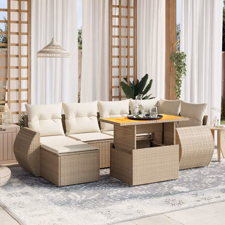 vidaXL Set Divani da Giardino 7 pz in Polyrattan con Cuscini Beige e Tavolino da Caffè