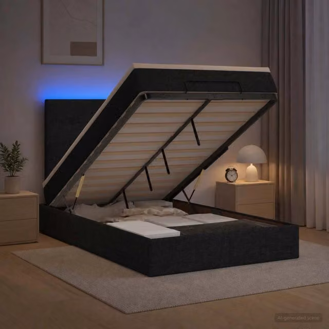 Letto Ottomano vidaXL con Materasso Ibrido e Illuminazione LED Sotto il Letto, Colore Bianco e Nero, L/P/H: 200 x 120 x 193 cm