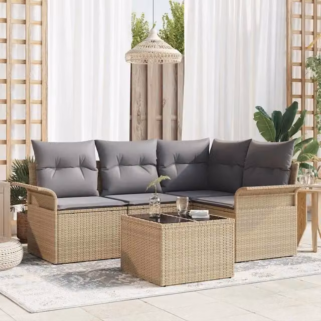Set Divano da Giardino Moderno vidaXL in Polyrattan e Metallo, 5 Pezzi, Beige