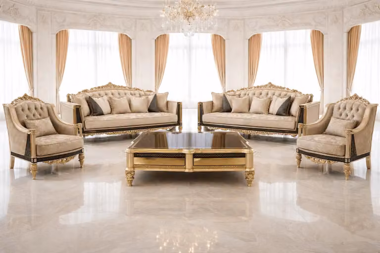 Elegante set composto da divani a 3, 3, 1 e 1 posto e da un tavolino classico.