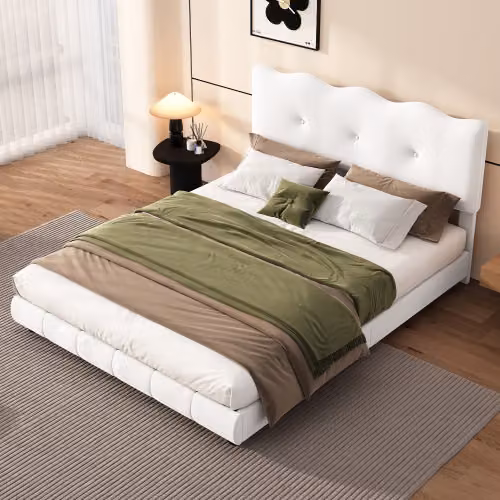 Letto piano AIORBER, letto imbottito, 140x200cm, con rete a doghe, design a onda, testata regolabile, velluto, letto per giovani, per appartamenti e camere da letto, bianco