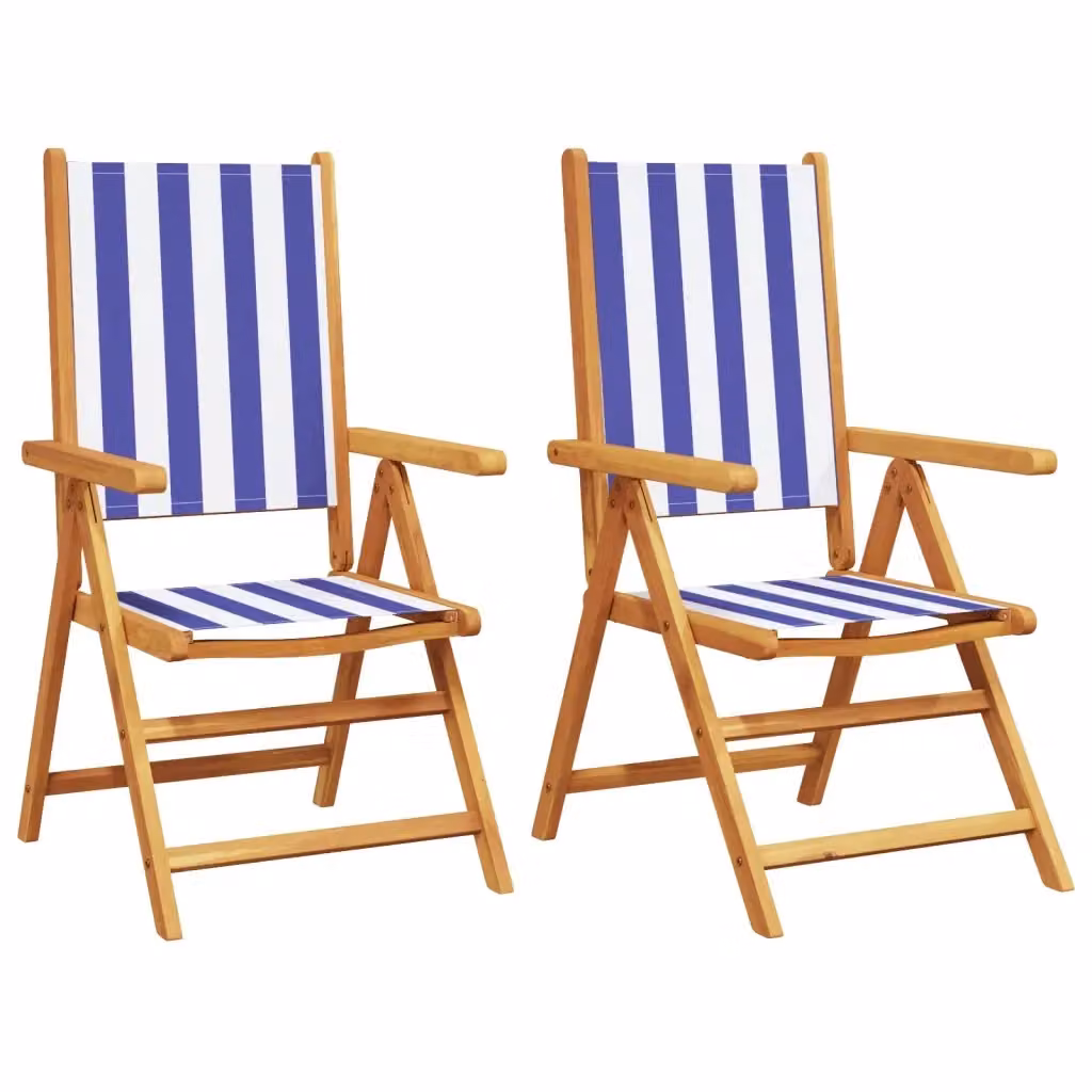 Set di 2 sedie pieghevoli vidaXL in legno di acacia oliato e tessuto a righe blu e bianche con braccioli per giardino e balcone – 2