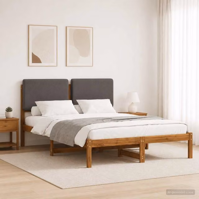 Letto moderno vidaXL in legno di acacia con testiera rivestita in tessuto grigio, L/P/H: 120 x 200 x 85 cm