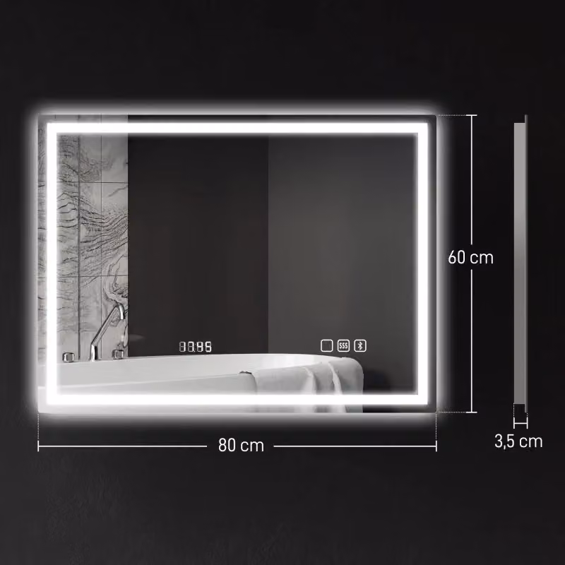 Specchio da bagno WISHDOR rettangolare con LED, Bluetooth, orologio digitale e funzione antiappannamento, colore argento, L: 80 cm, H: 60 cm – 2